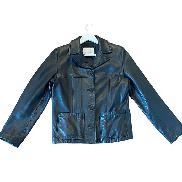 Nine West Vintage 100% leather black button front blazer jacket M - Picture 1 of 11